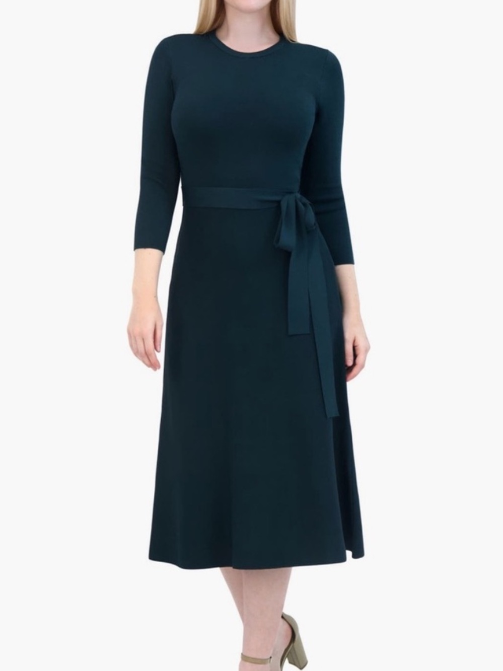 Eliza J Long-Sleeve Tie-Waist Midi Dress in Teal
